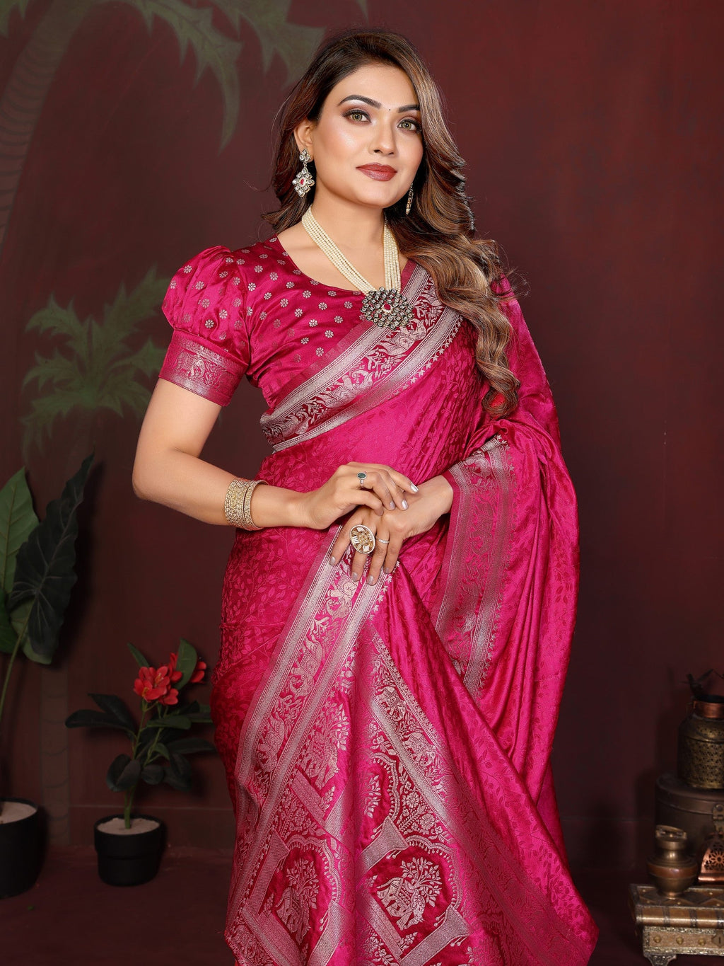 Anaita Pink Zari Weaving Work Satin Silk Saree With Blouse | Grocsy