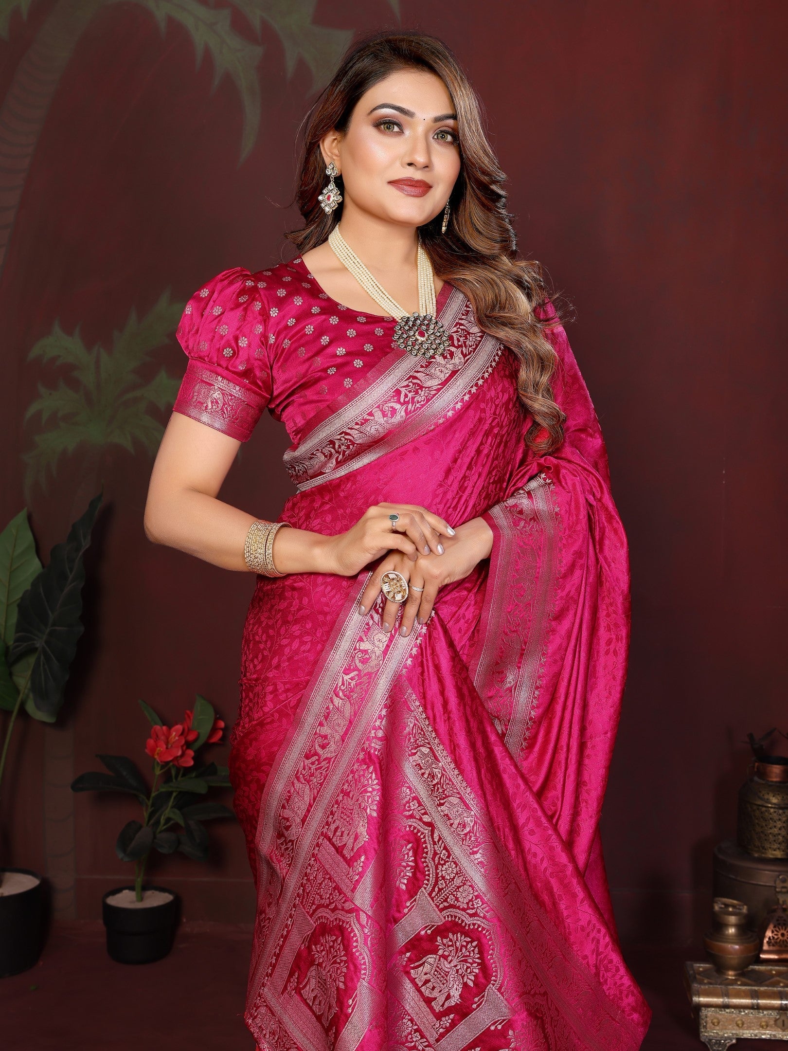 Anaita Pink Zari Weaving Work Satin Silk Saree With Blouse | Grocsy