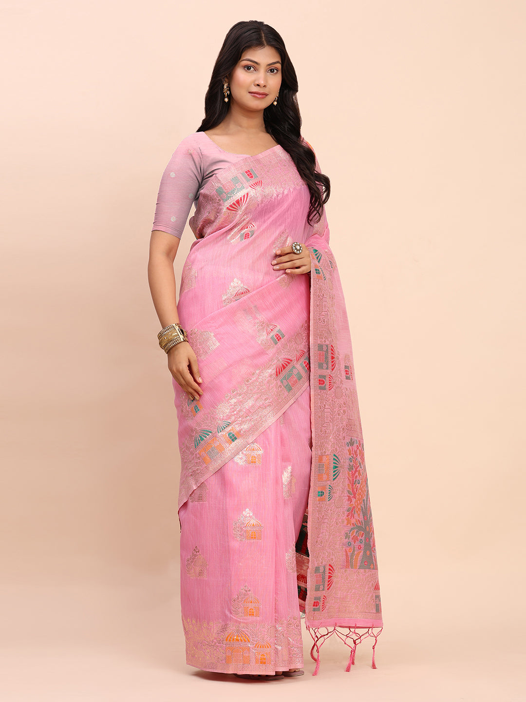 Anaita Pink Linen Woven Work Saree With Blouse | Grocsy