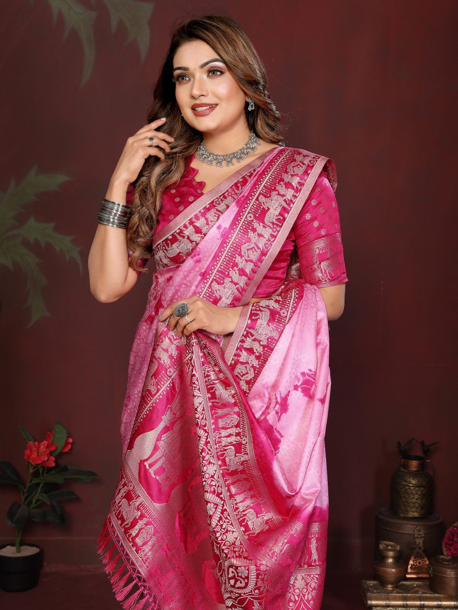 Anaita Pink Zari Weaving Work Satin Silk Saree With Blouse | Grocsy