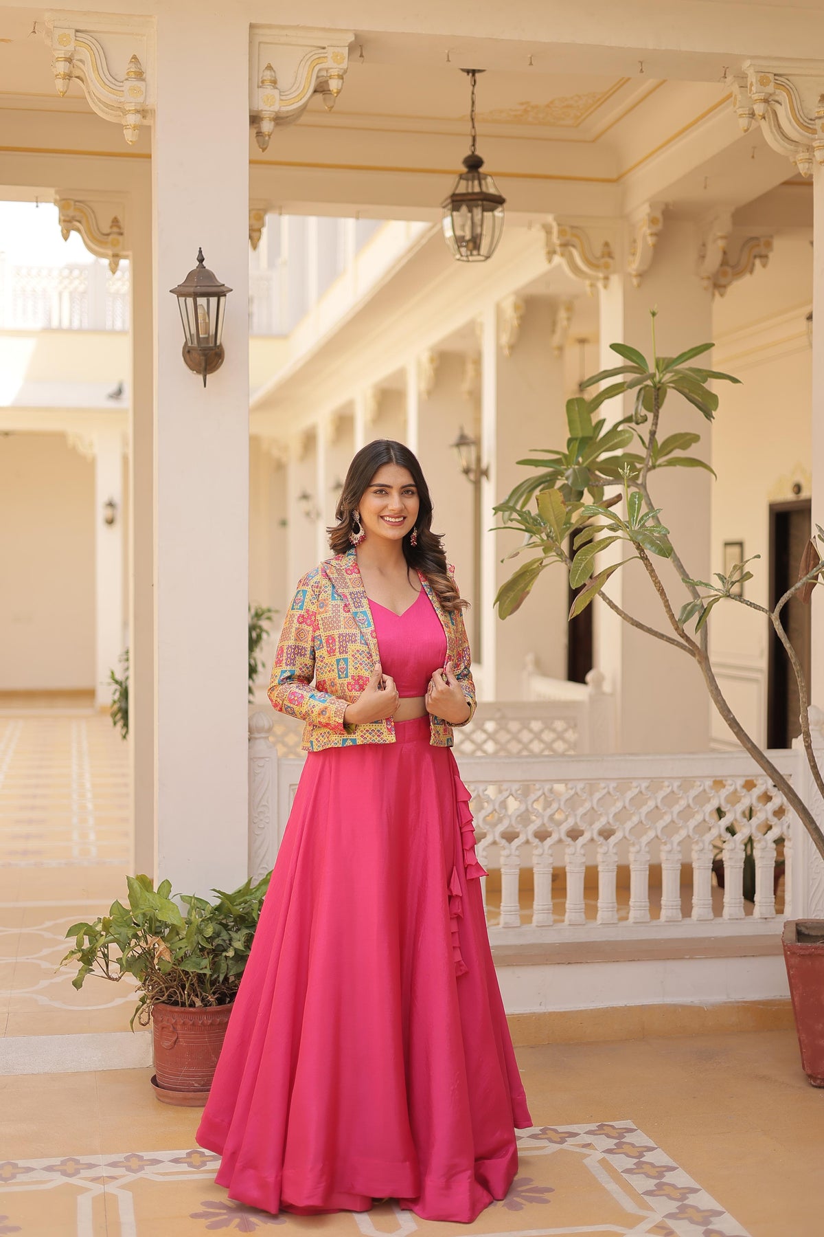 Lorenvalley Pink Premium Chinnon Lehenga Choli with Jacquard Woven Design Koti | Grocsy
