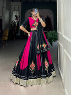 Lorenvalley Pink and Black Plain With Gamthi Patch Work & Gota Patti Lace also cowrie (kodi) lace touch up Lehenga Choli | Grocsy