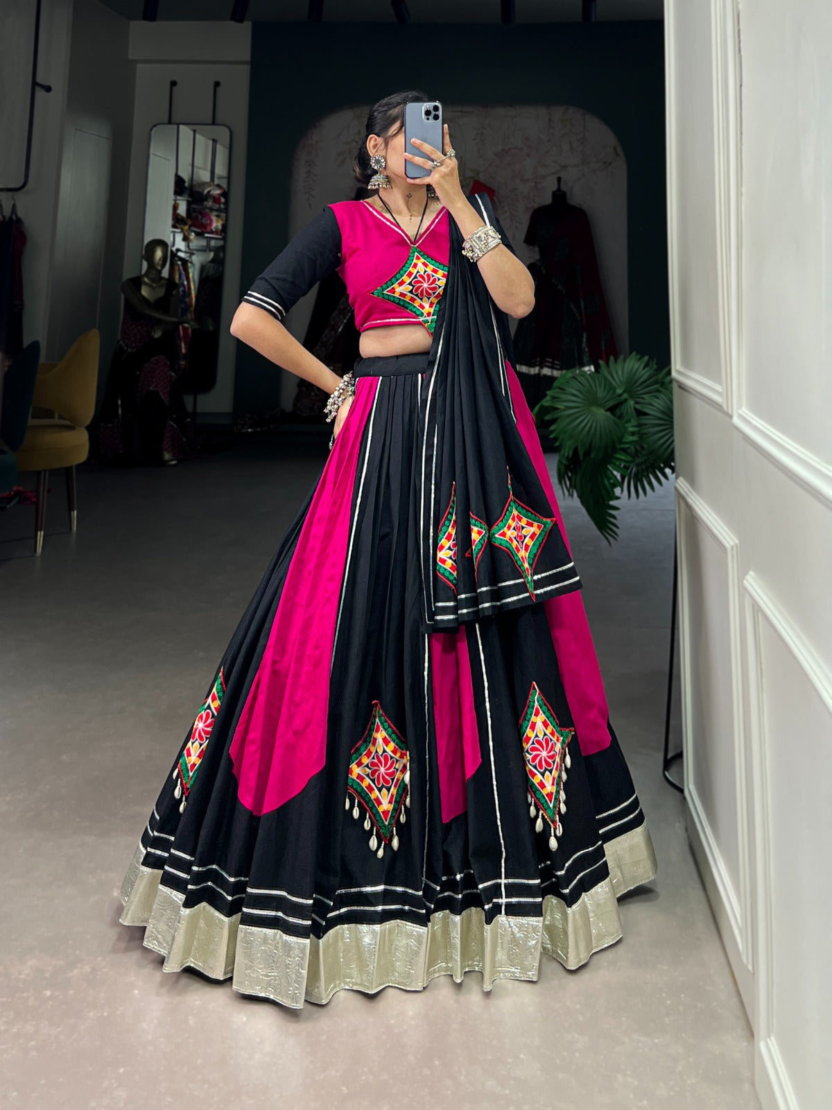 Lorenvalley Pink and Black Plain With Gamthi Patch Work & Gota Patti Lace also cowrie (kodi) lace touch up Lehenga Choli | Grocsy