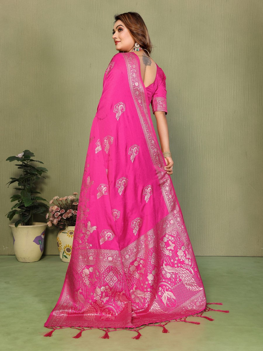 Anaita Pink Zari Butta Work Satin Silk Saree With Blouse | Grocsy