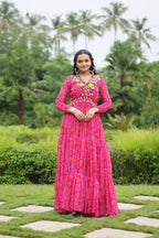 Lorenvalley Pink Faux Georgette Bandhani Print Work With Kutchi Patch Work Gown | Grocsy