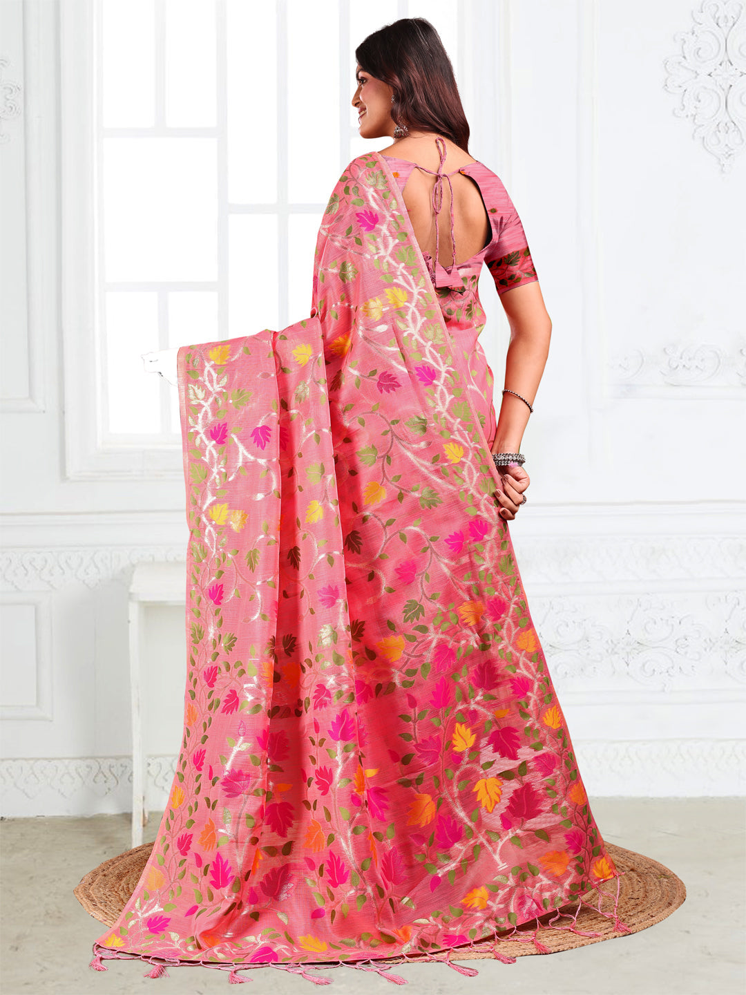 Anaita Pink Linen Printed Saree With Blouse | Grocsy