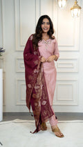Lorenvalley Fashion Pink Roman Silk Hand Work Kurta Pant with Dupatta | Grocsy