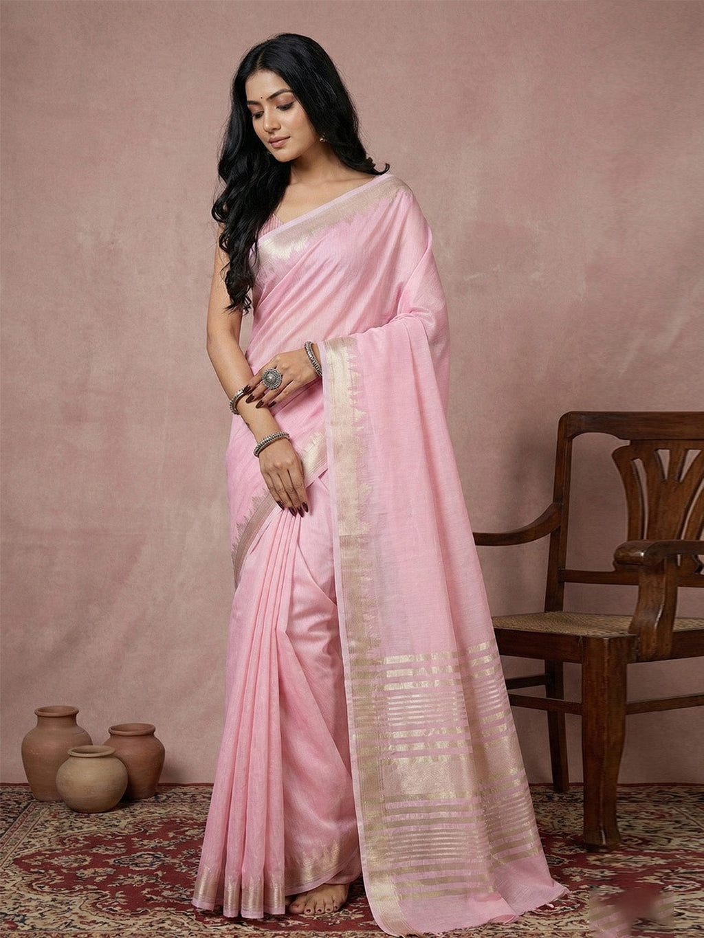 Anaita Pink Cotton Saree With Blouse | Grocsy