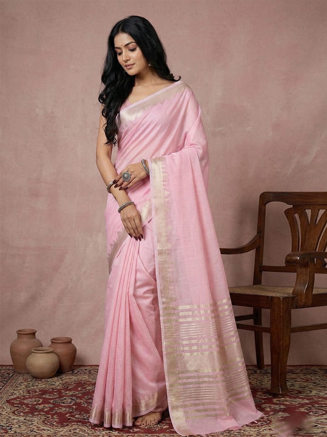 Anaita Pink Cotton Saree With Blouse | Grocsy