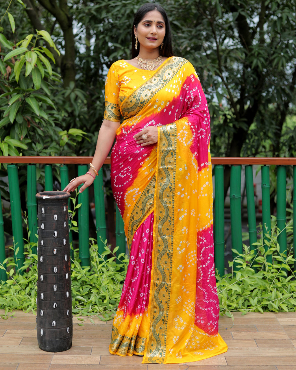 Lorenvalley Premium Pure Bandhej Tapeta Soft light weight silk saree with zari weaving Border - Multicolor | Grocsy