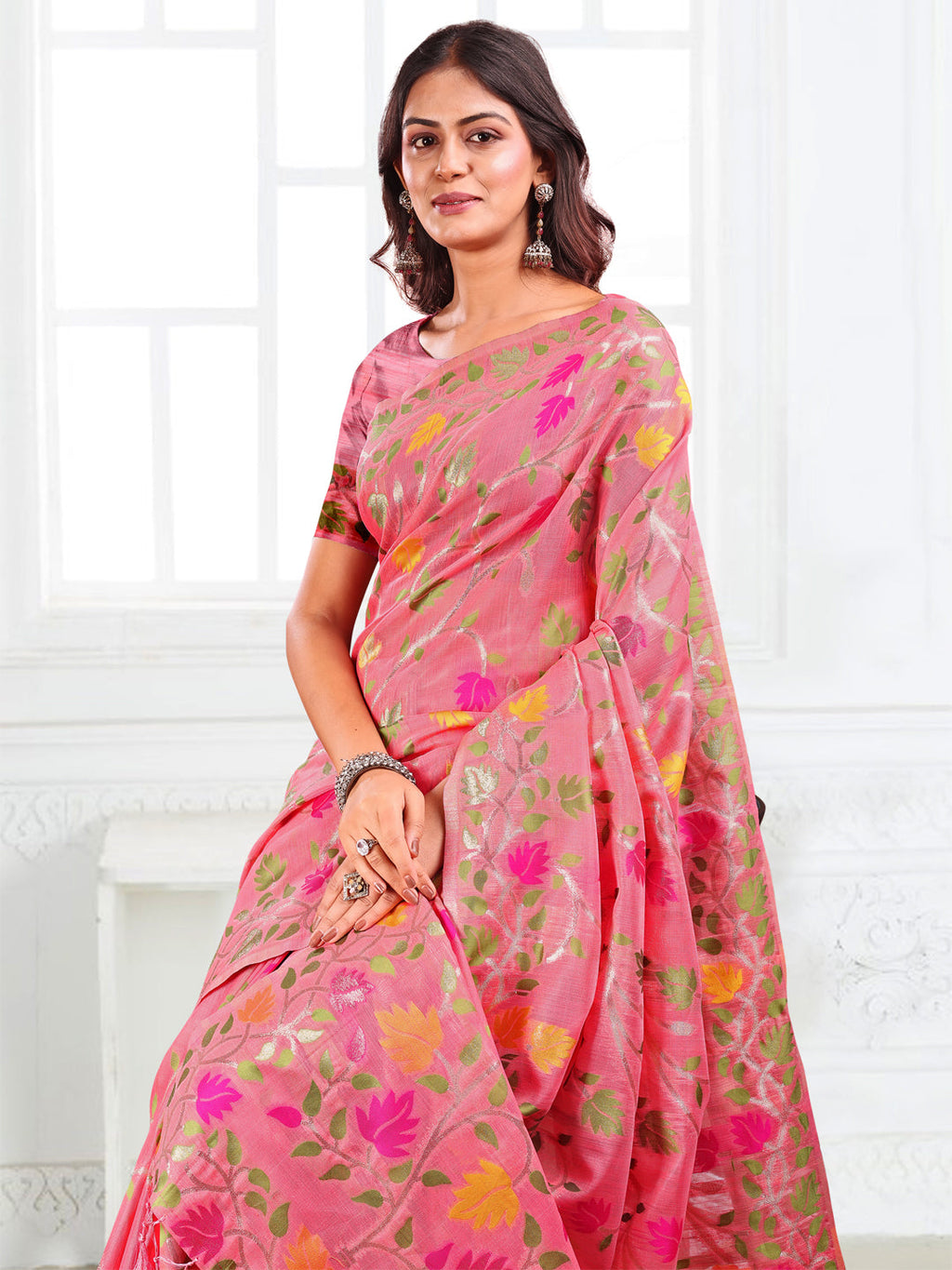 Anaita Pink Linen Printed Saree With Blouse | Grocsy