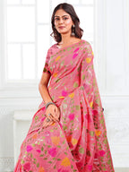 Anaita Pink Linen Printed Saree With Blouse | Grocsy