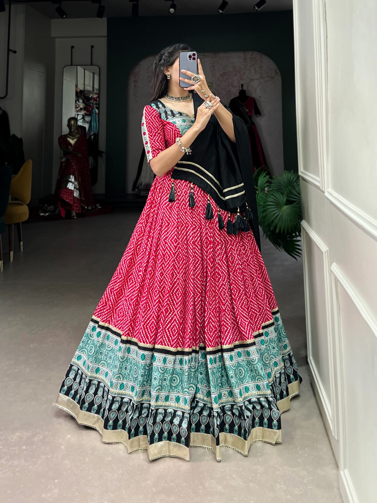 Lorenvalley Pink Rayon with Bandhej And Ajarakh Print With Embossed Design Gota Lace Touch up Lehenga Choli | Grocsy