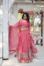 Lorenvalley Pink Gold Coin Fabric with Sequins and Thread Embroidered work Lehenga Choli with Dupatta | Grocsy