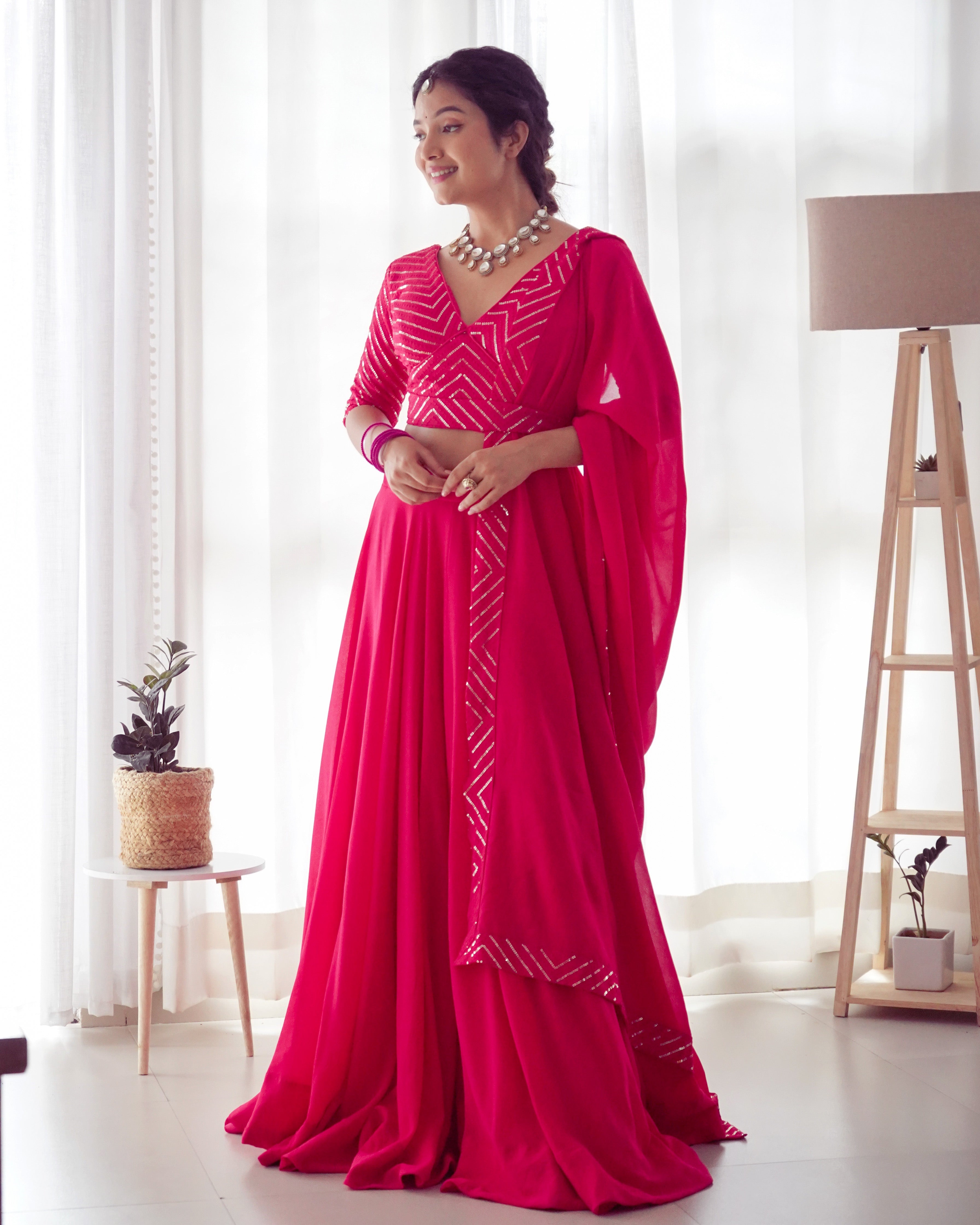 Lorenvalley Pink Faux Georgette Plain Micro Cotton Full Inner with Canvas Patta Double Lining Lehenga Choli | Grocsy