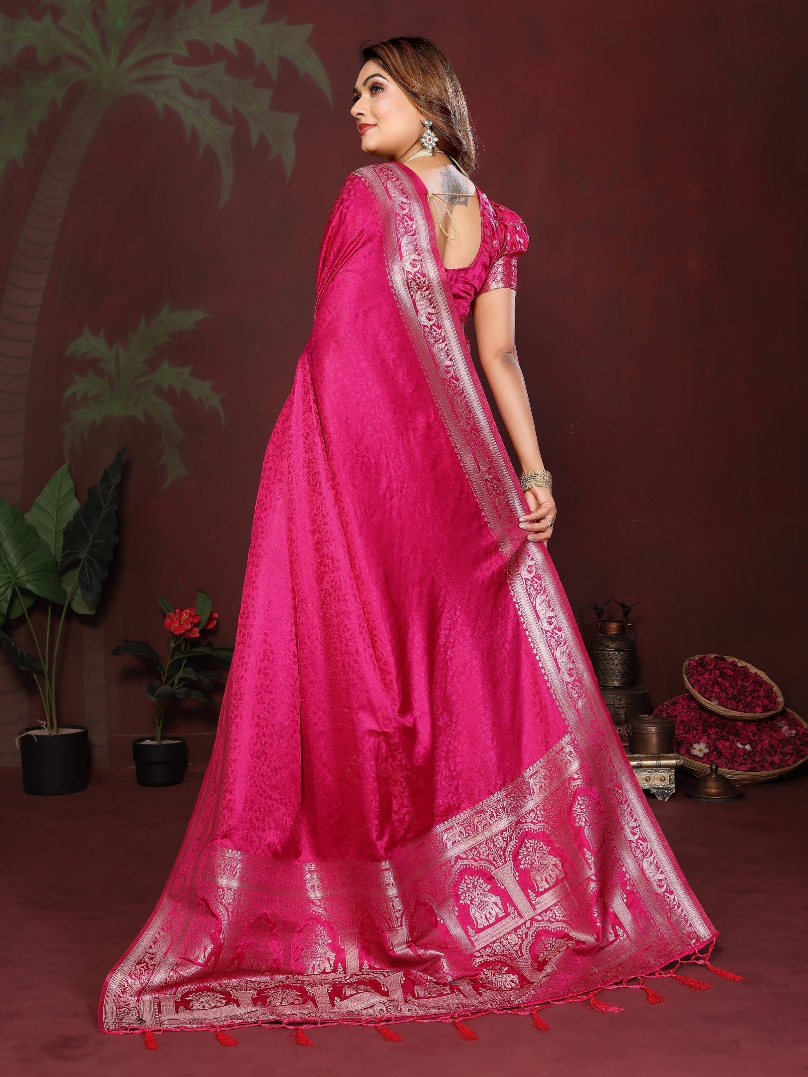 Anaita Pink Zari Weaving Work Satin Silk Saree With Blouse | Grocsy