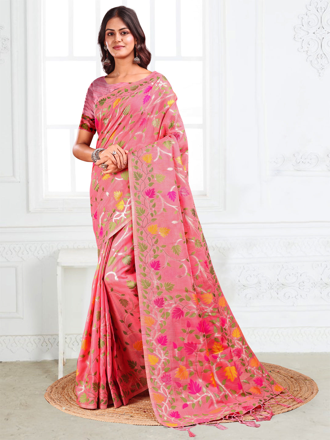Anaita Pink Linen Printed Saree With Blouse | Grocsy