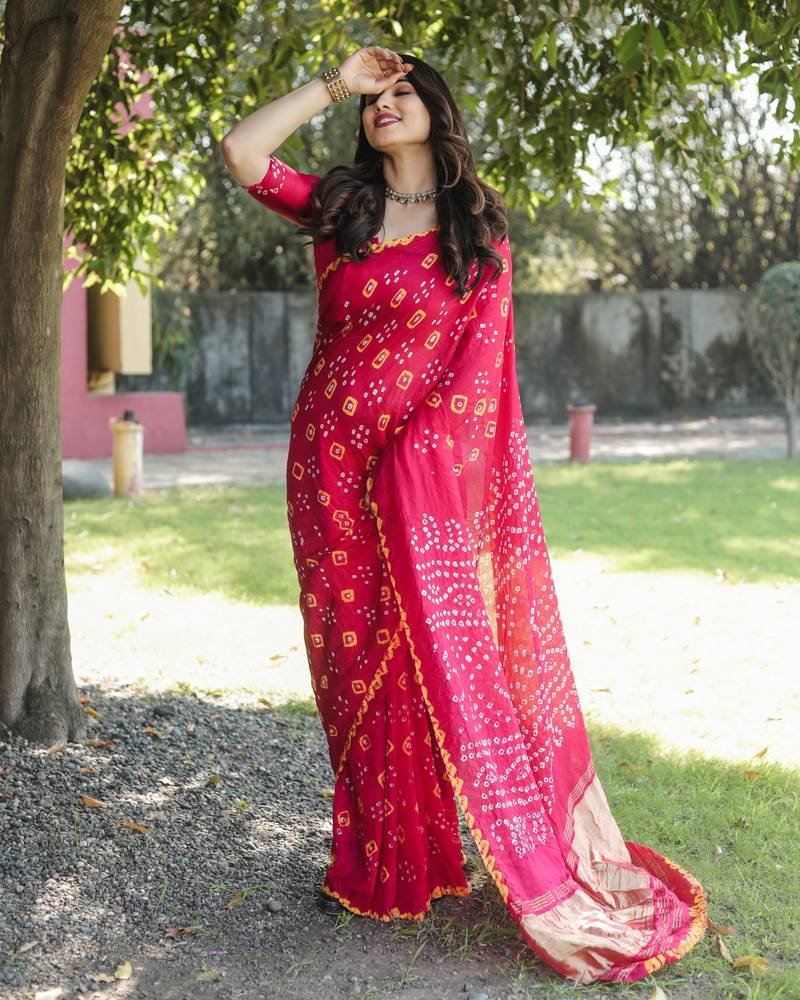 Anaita Pink Woven Design Pure Bandhej Silk Saree With Blouse | Grocsy