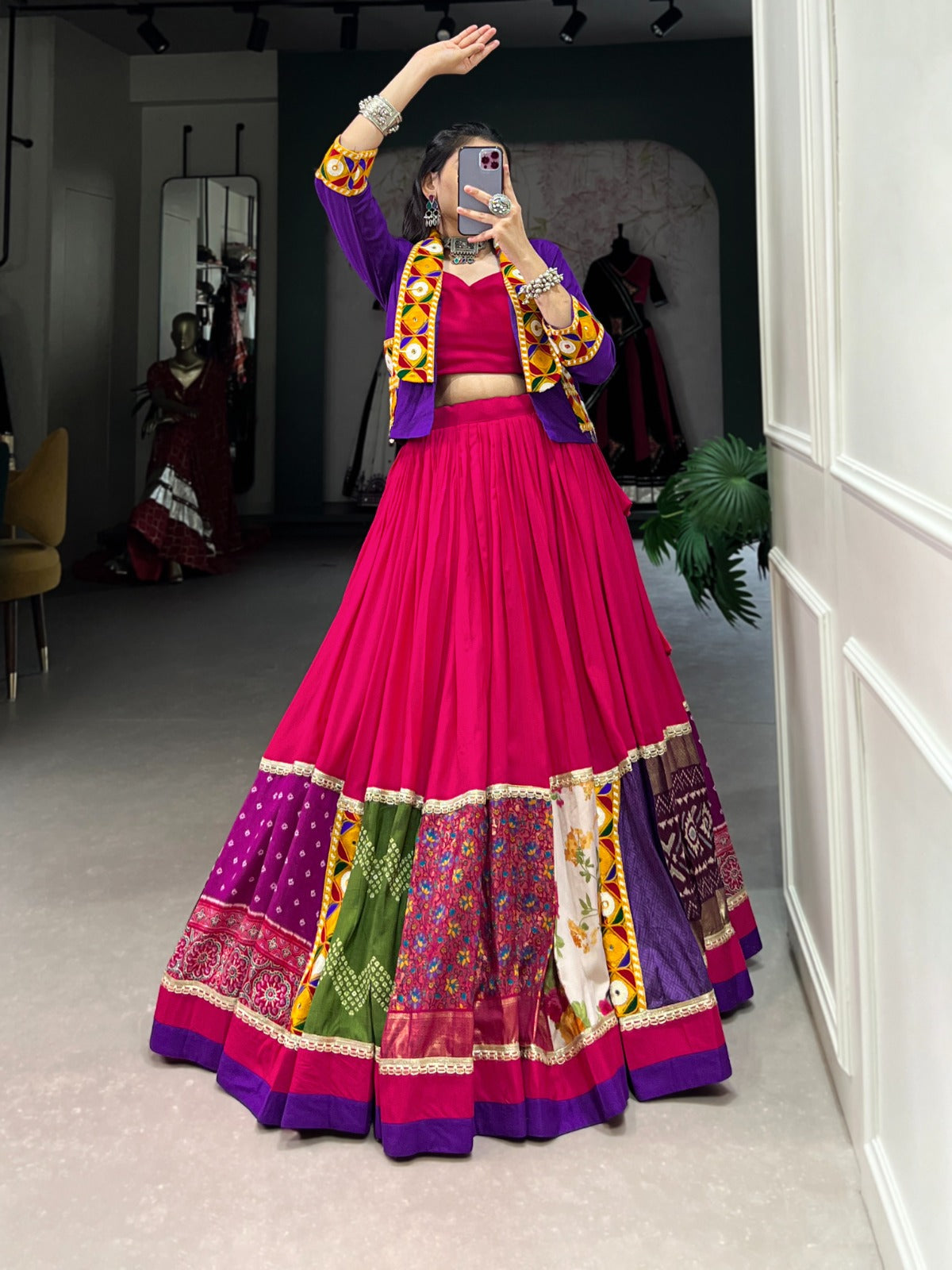 Lorenvalley Pink Pure Rayon with Plain With Printed And Gamthi Patch Work With Lace Touch Up Lehenga Choli | Grocsy