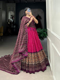 Lorenvalley Pink Tussar Silk Bandhej And Ajarakh Print Lehenga Choli with Dupatta | Grocsy