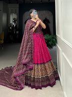 Lorenvalley Pink Tussar Silk Bandhej And Ajarakh Print Lehenga Choli with Dupatta | Grocsy