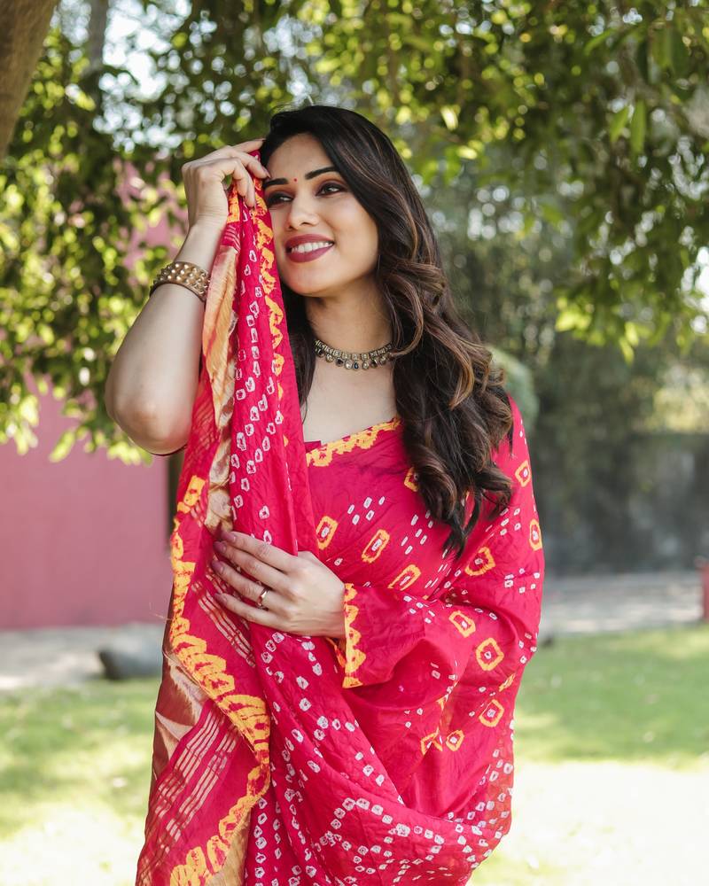Anaita Pink Woven Design Pure Bandhej Silk Saree With Blouse | Grocsy