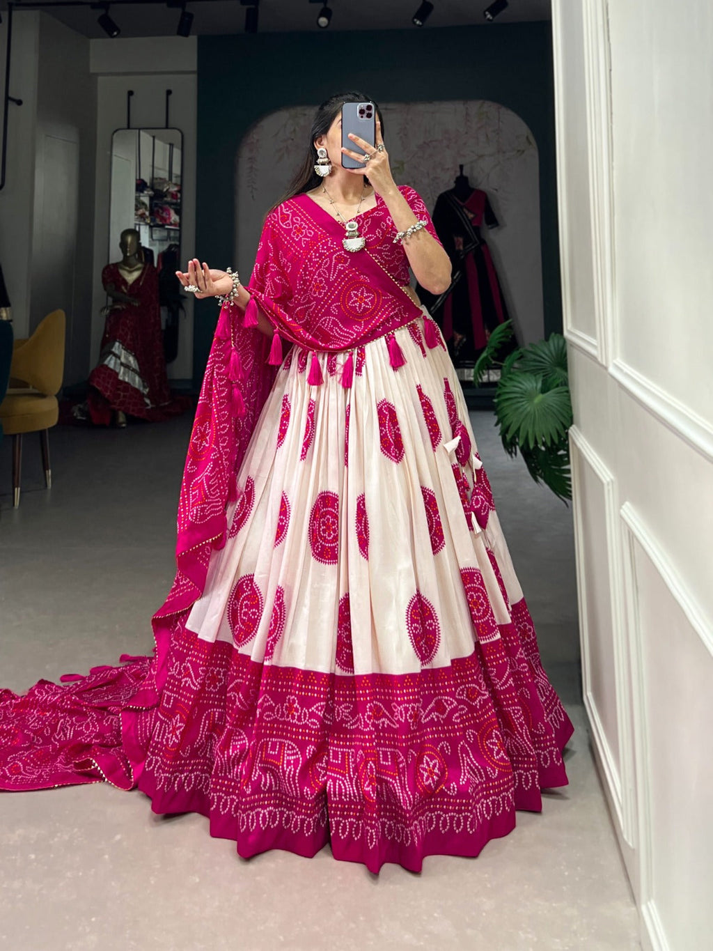 Lorenvalley Pink Tussar Silk with Bandhej Print Lehenga Choli | Grocsy