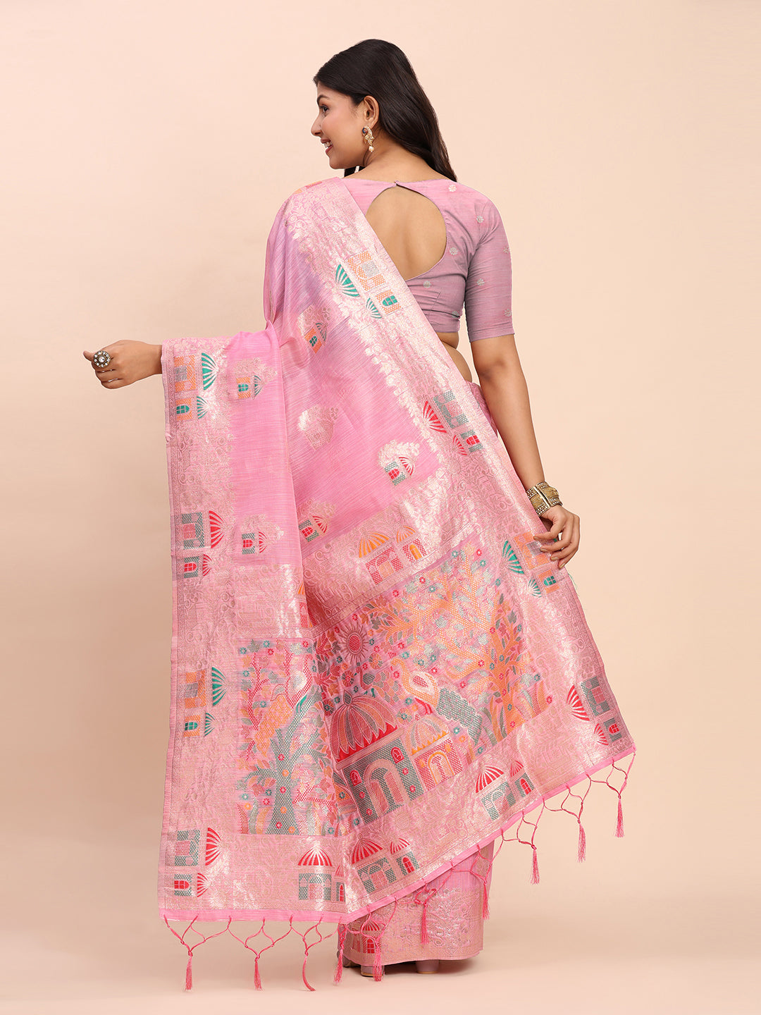 Anaita Pink Linen Woven Work Saree With Blouse | Grocsy