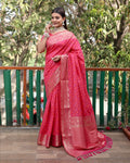 Lorenvalley Premium Bandhej Patola Silk Sarees with kanchi Borders and Contrast Zari Weaving borders Saree - Pink | Grocsy