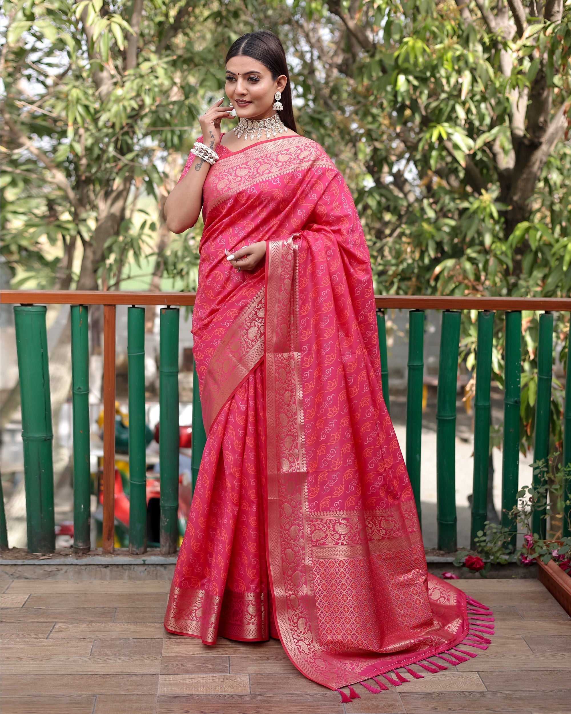 Lorenvalley Premium Bandhej Patola Silk Sarees with kanchi Borders and Contrast Zari Weaving borders Saree - Pink | Grocsy
