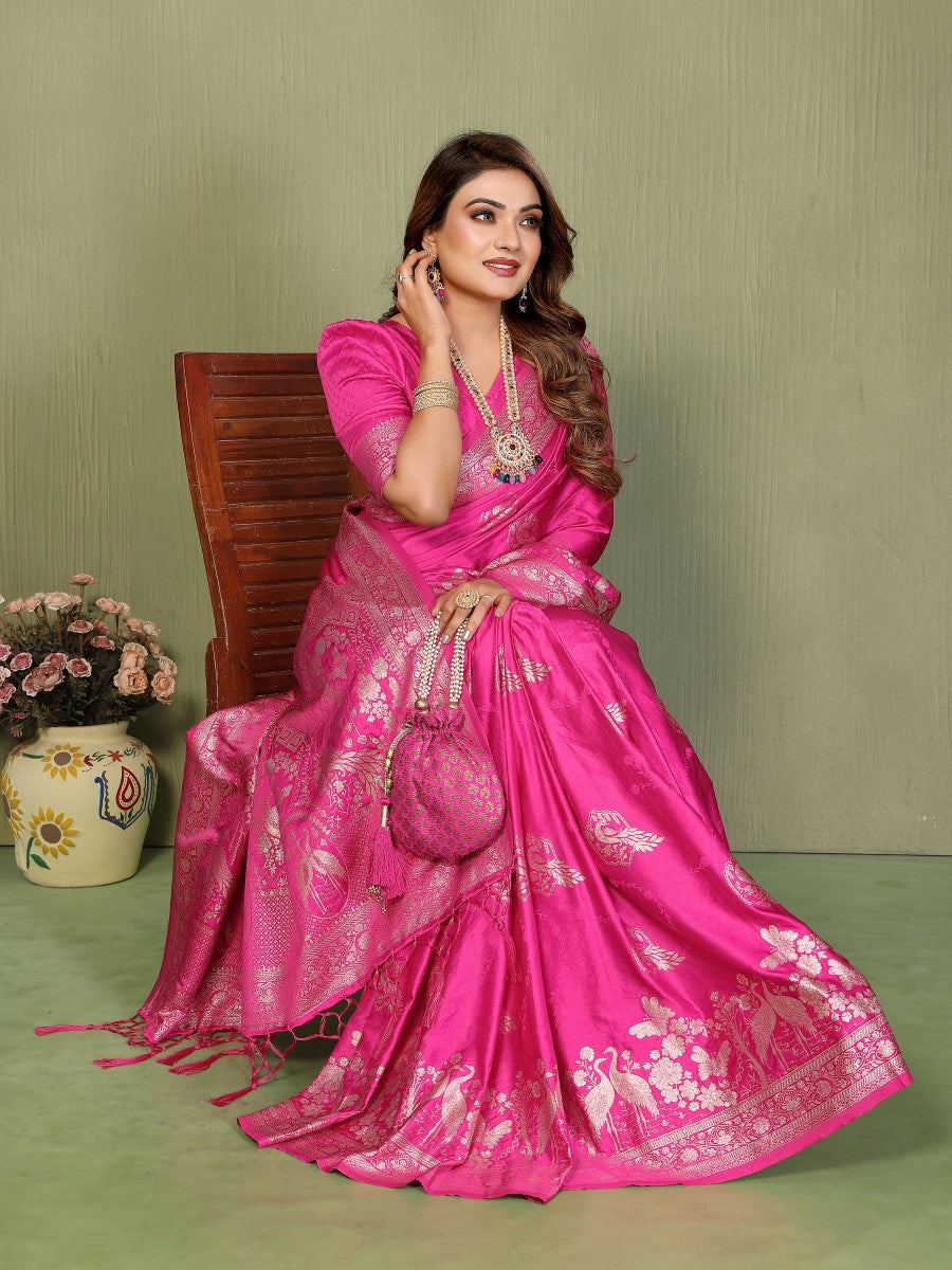 Anaita Pink Zari Butta Work Satin Silk Saree With Blouse | Grocsy