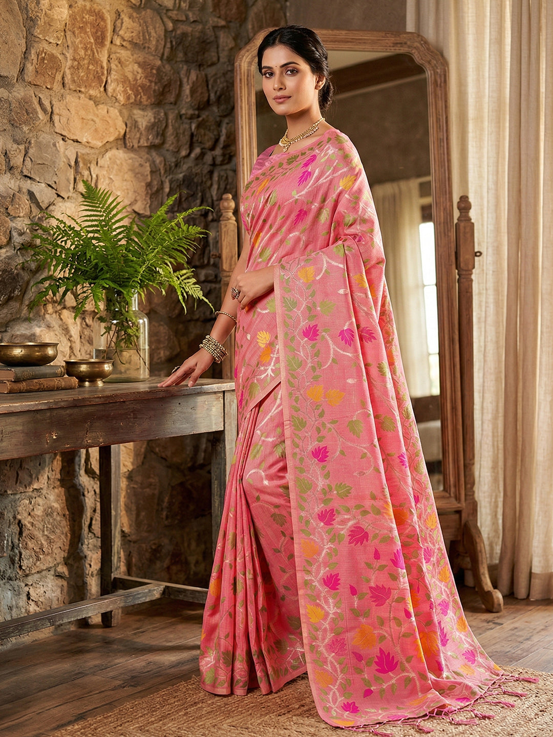 Anaita Pink Linen Woven Work Saree With Blouse | Grocsy