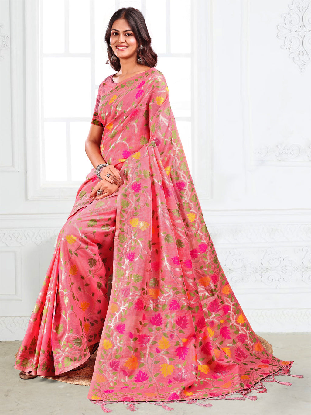 Anaita Pink Linen Printed Saree With Blouse | Grocsy