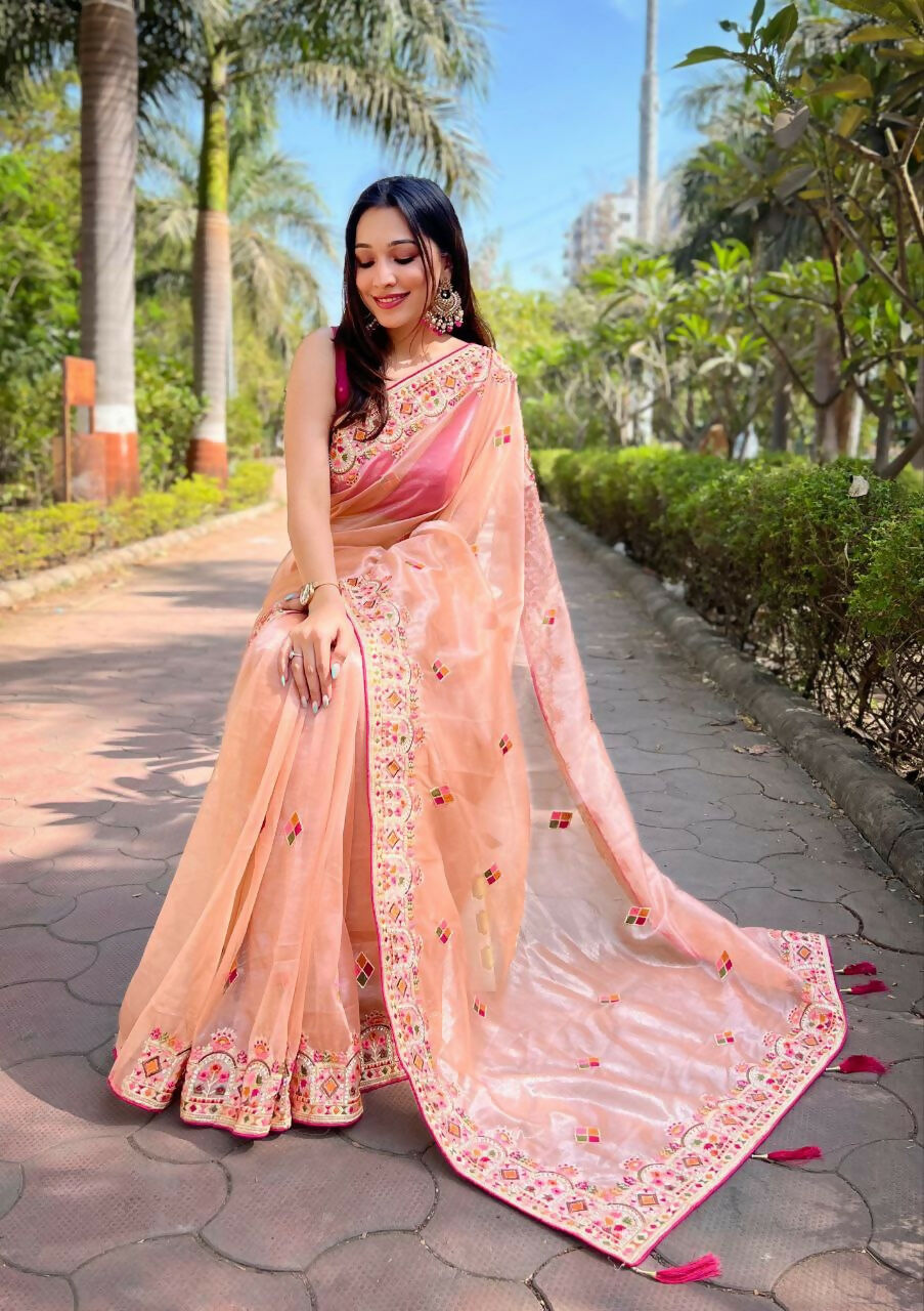 Vastranavya Twill Net Designer Embroidery & Colour Thread & Diamond work Saree with Blouse Material - Peach | Grocsy