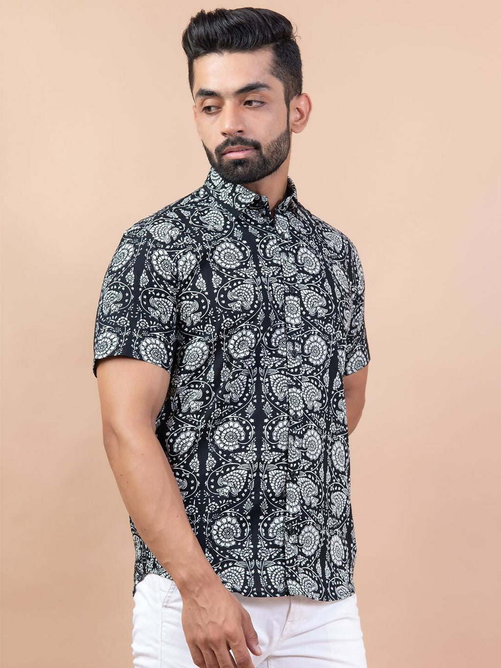 Miravan Men's Pure Cotton Black Floral Printed Half Sleeve Slim Fit Shirt | Grocsy