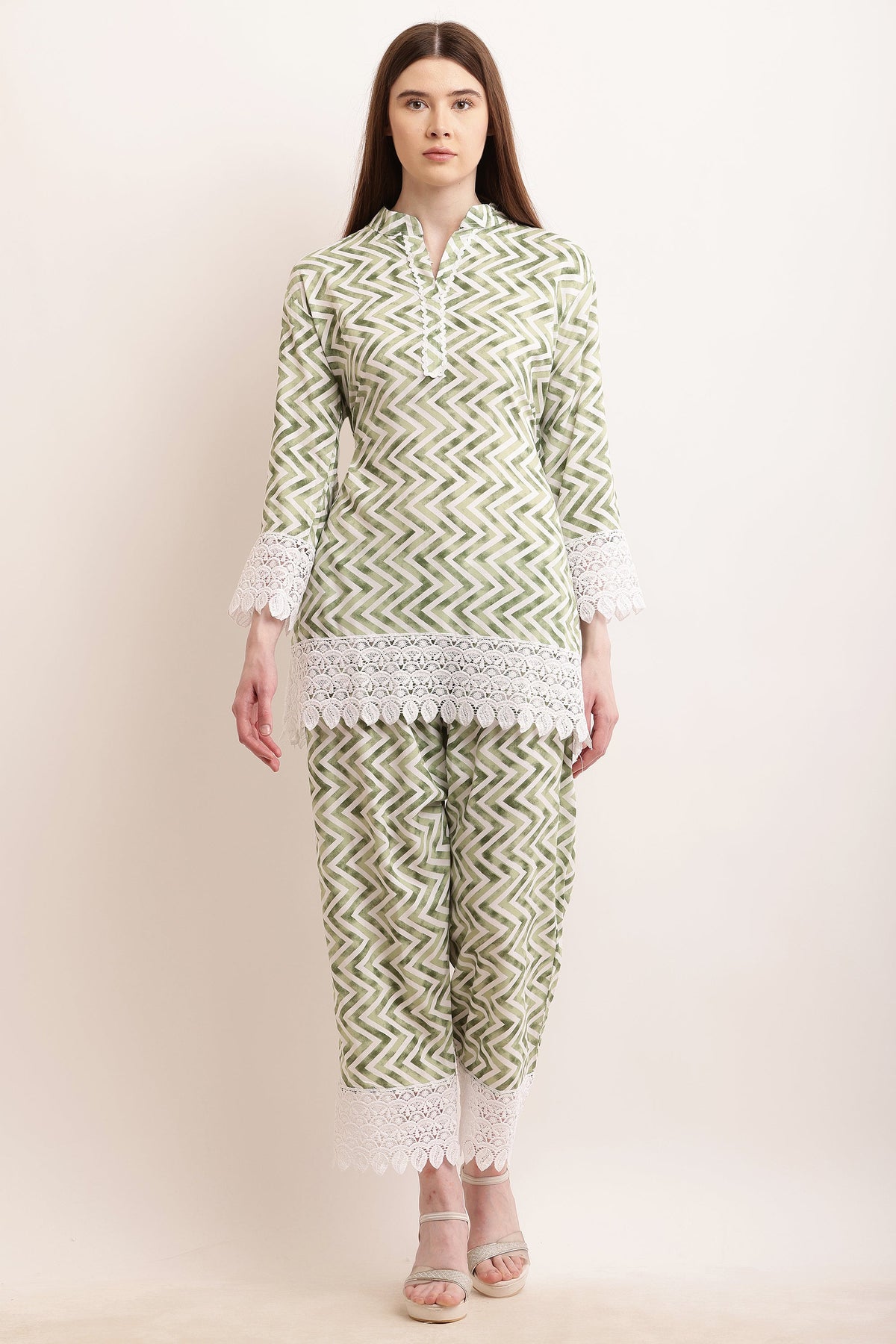 PAVONINE Pista Color Zig-Zag Printed with Lace Inserted Cord Set For Women | Grocsy