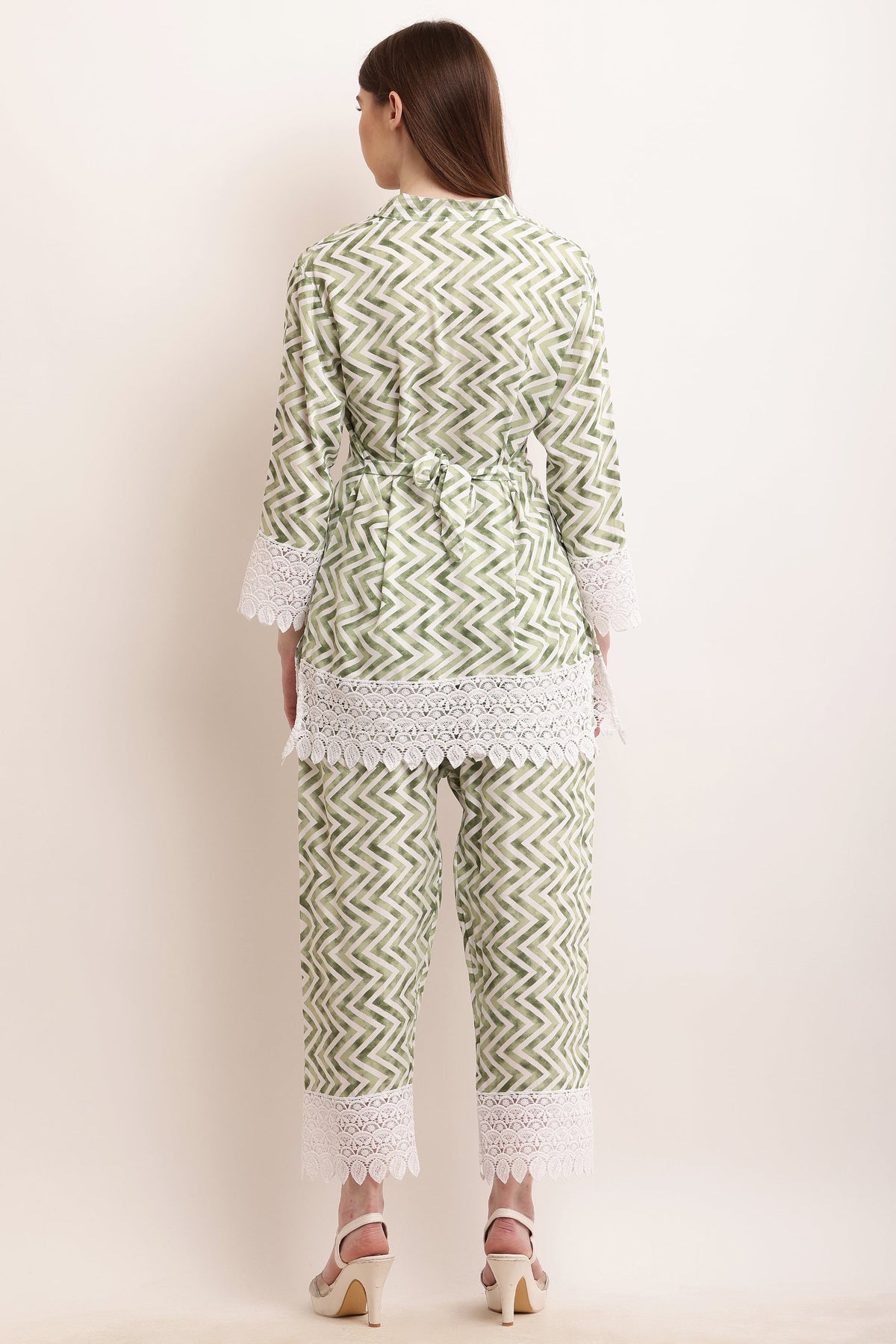 PAVONINE Pista Color Zig-Zag Printed with Lace Inserted Cord Set For Women | Grocsy