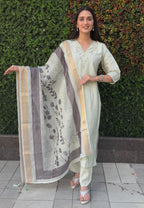 Lorenvalley Fashion Pista Roman Silk Hand Work Kurta Pant with Dupatta | Grocsy
