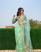Evanik Pista Net Embroidery work Saree with Moti Hand work Blouse | Grocsy