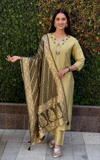Lorenvalley Fashion Pista Roman Silk Hand Work Kurta Pant with Dupatta | Grocsy