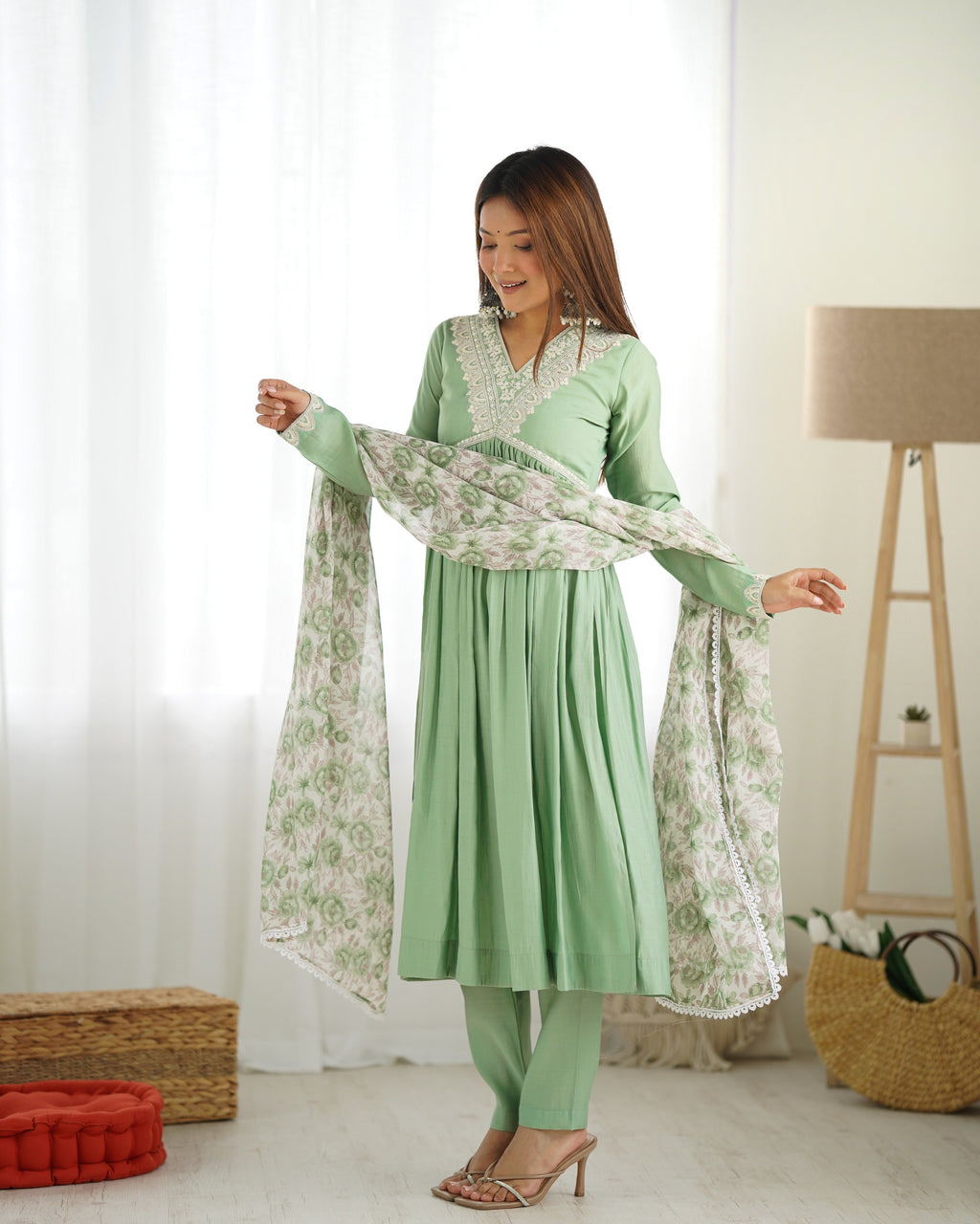 Lorenvalley Pista Roman Silk Chanderi Fabric Fit Nyra Cut Kurta Pant With Dupatta Set | Grocsy