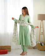 Lorenvalley Pista Roman Silk Chanderi Fabric Fit Nyra Cut Kurta Pant With Dupatta Set | Grocsy