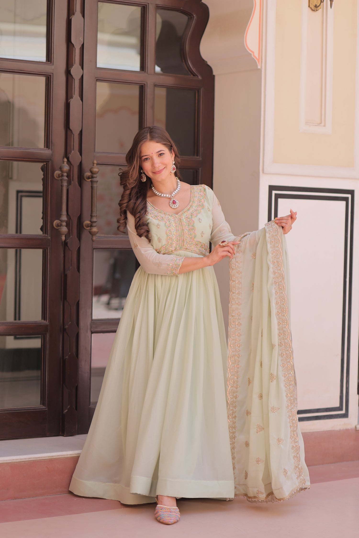 Lorenvalley Fashion Pista Star Georgette with Beads & Sequins Multi Embroidered work Anarkali Gown with Dupatta | Grocsy