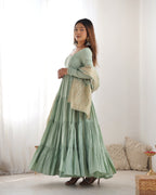 Lorenvalley Women Pure Roman silk Chanderi Fabric Layer Gathering Anarkali Kurta Pant With Dupatta Set | Grocsy