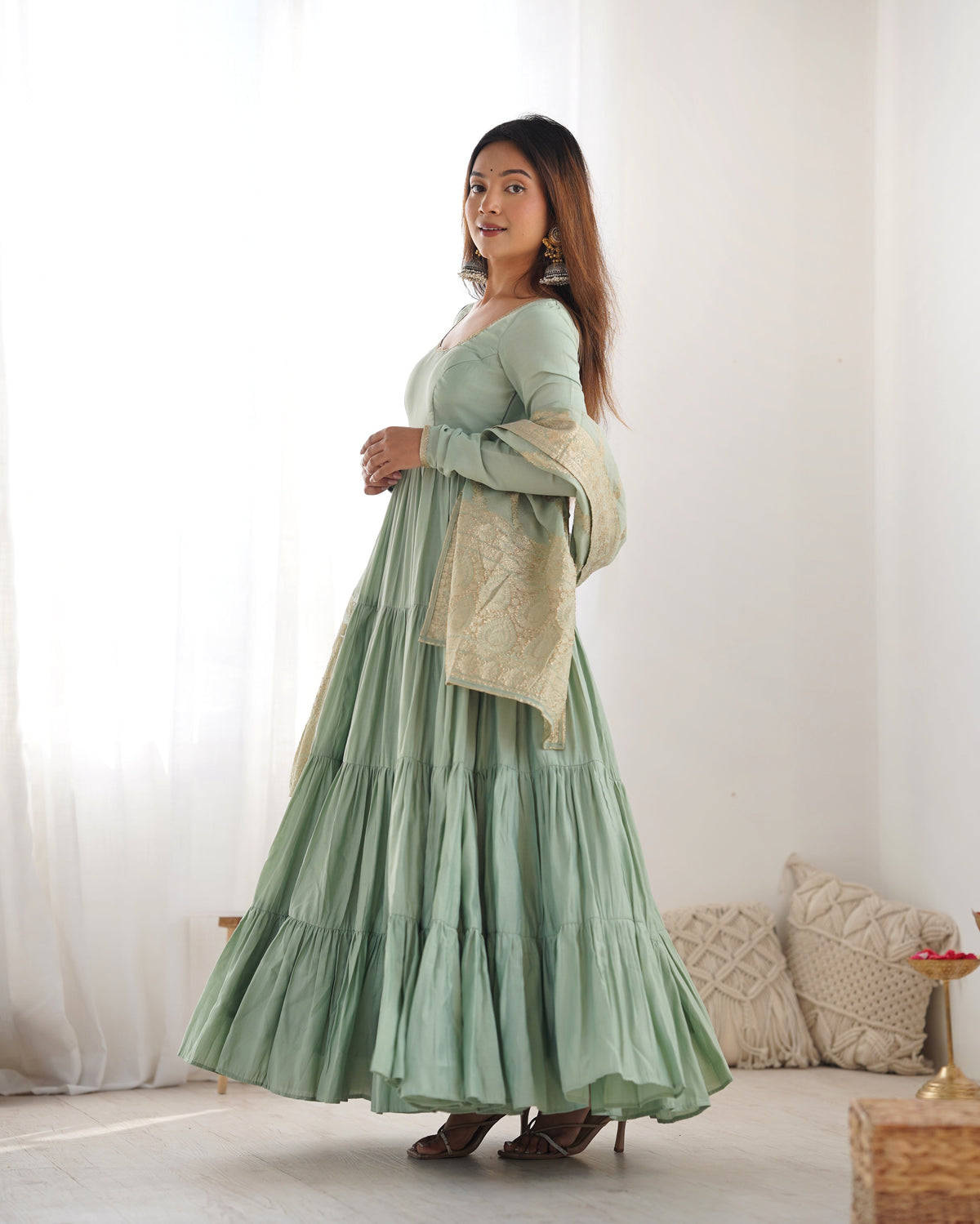 Lorenvalley Women Pure Roman silk Chanderi Fabric Layer Gathering Anarkali Kurta Pant With Dupatta Set | Grocsy