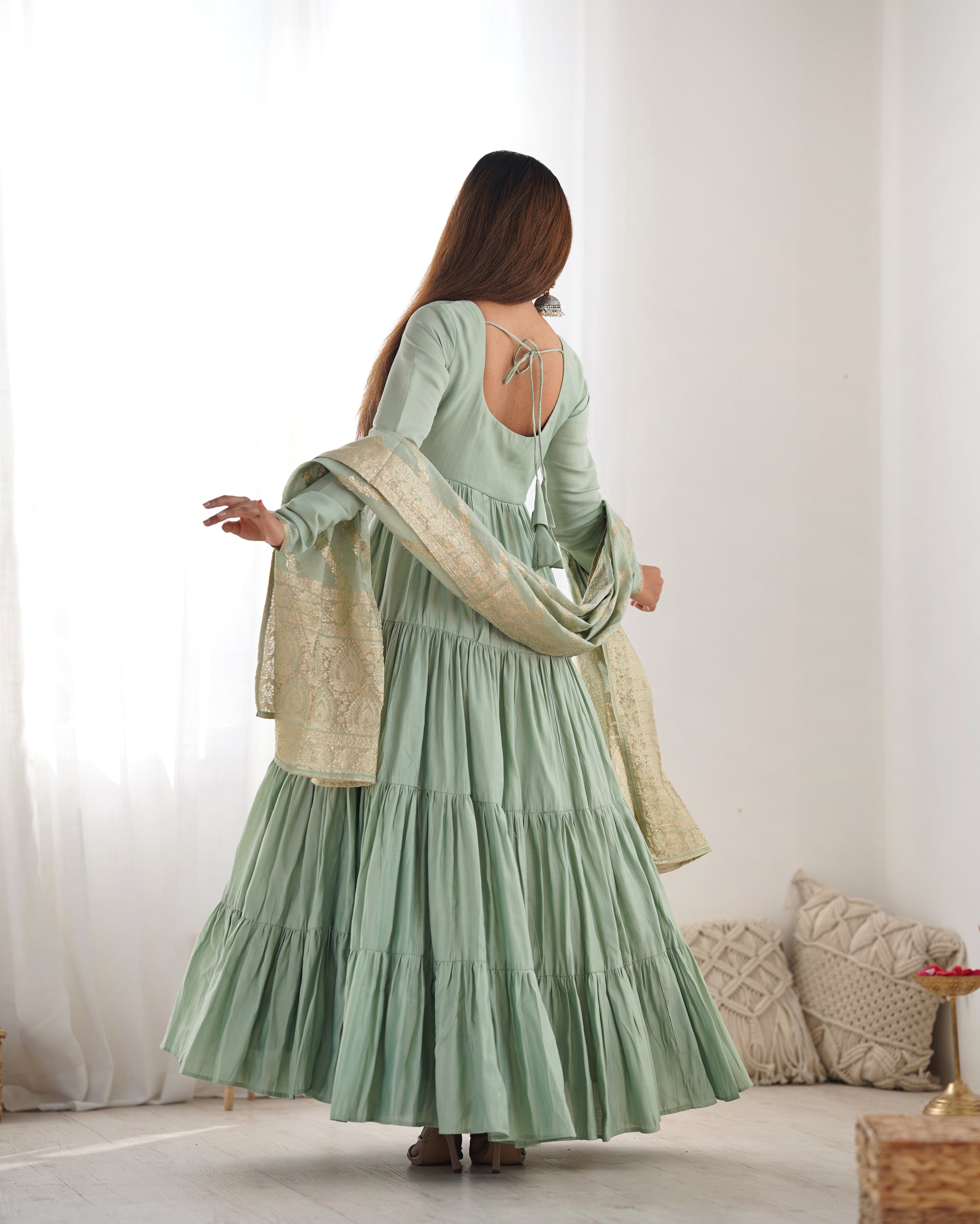 Lorenvalley Women Pure Roman silk Chanderi Fabric Layer Gathering Anarkali Kurta Pant With Dupatta Set | Grocsy