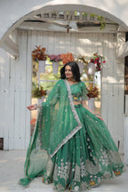 Lorenvalley Pista Gold Coin Fabric with Sequins and Thread Embroidered work Lehenga Choli with Dupatta | Grocsy