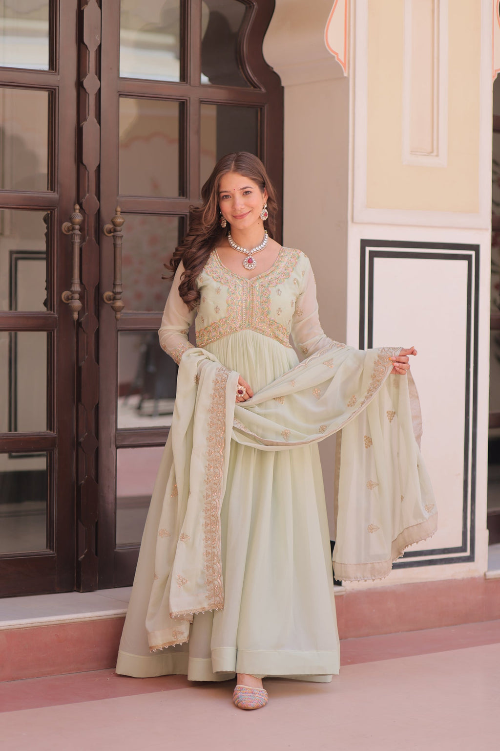 Lorenvalley Fashion Pista Star Georgette with Beads & Sequins Multi Embroidered work Anarkali Gown with Dupatta | Grocsy