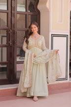 Lorenvalley Fashion Pista Star Georgette with Beads & Sequins Multi Embroidered work Anarkali Gown with Dupatta | Grocsy