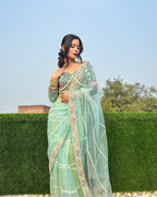 Evanik Pista Net Embroidery work Saree with Moti Hand work Blouse | Grocsy